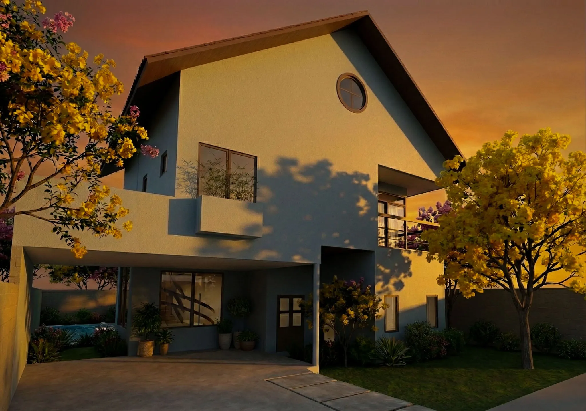 Fachada frontal ao pôr do sol, com a garagem coberta e ipês amarelos.