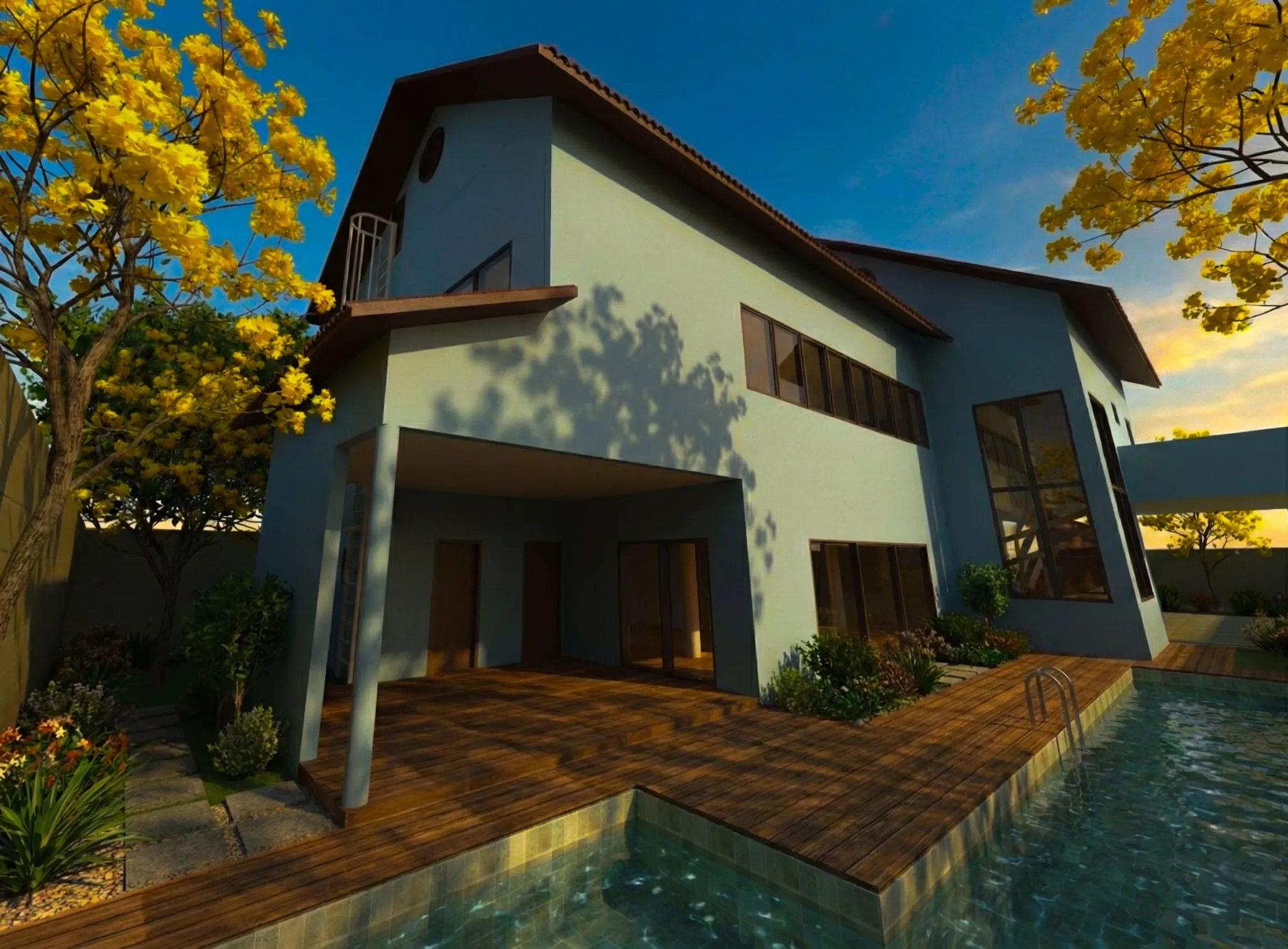 Fundos da casa com deck de madeira avançando sobre a piscina.